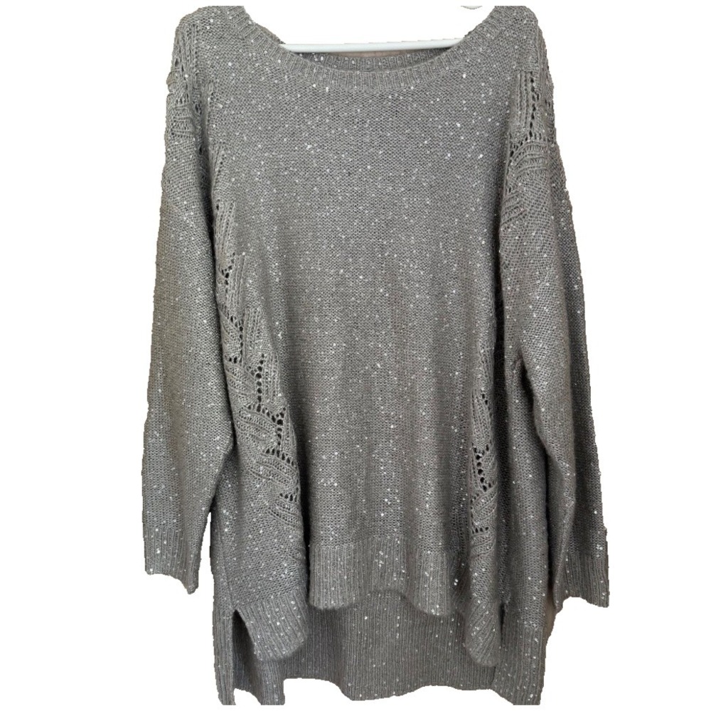 NYDJ Sequin Sweater Plus 2X Gray Silver Metallic Sparkle LS Glam Party Relaxed